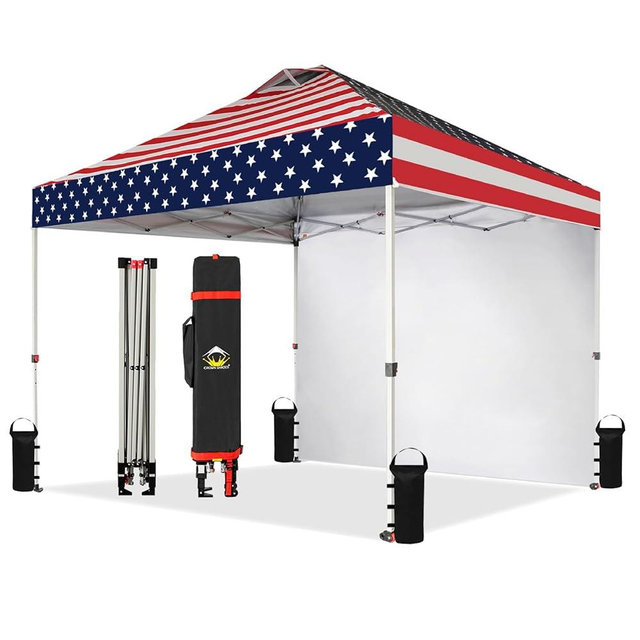 CROWN SHADES 10x10 Pop Up Canopy with 1 Side Wall - Beach Tent with One Push Setup - Outdoor Sun Shade for Events, Parties, Camping - Gazebo with STO-N-Go Cover Bag (American Flag)