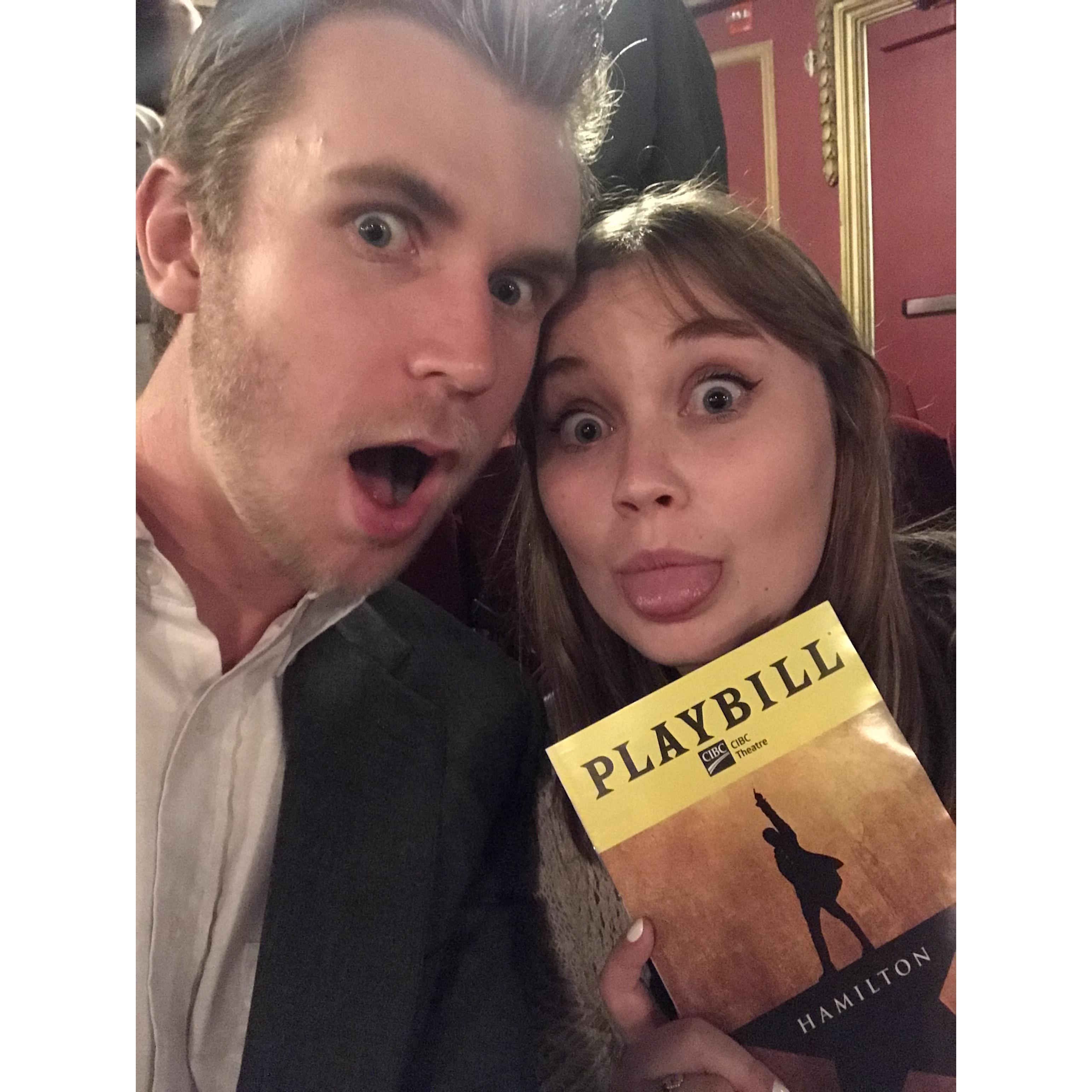 Maggie and Bruce (clearly very excited) at Hamilton in Chicago