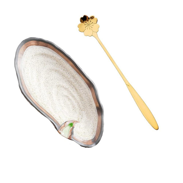 Ceramic Spoon Rest Cooking Spoon Holder for Kitchen Counter/Stove Top/Dining Table with Cute Spoon, Shell Shaped, Modern Farmhouse Decorative, 6.7x3.1 inch Brown
