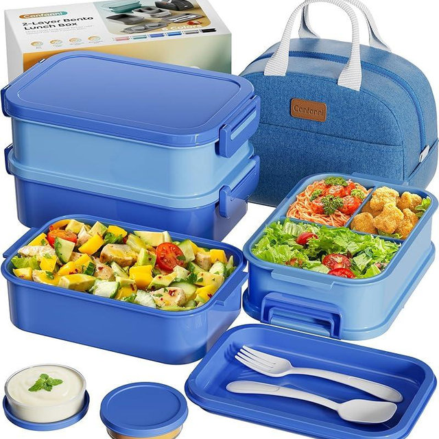 Adults Bento Box with Insulated Lunch Bag, 74oz Capacity 3 Stackable Leak-Proof Bento Box Built-In Utensil and Sauce, PFAS & BPA-Free, Microwave & Dishwasher Safe (Ocean Blue)