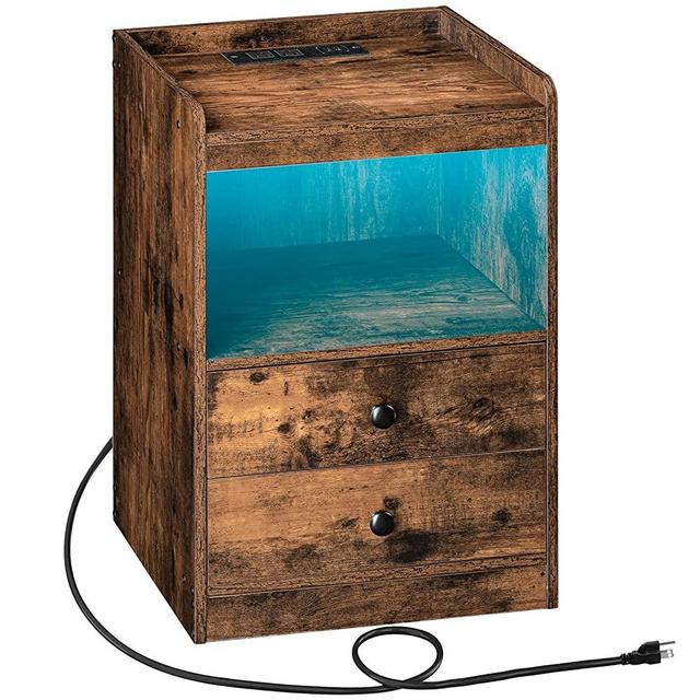 HOOBRO Nightstand with Charging Station and LED Lights, End Table with Drawers and Storage Shelf, Side Table with USB Ports and Outlets, for Small Space, Bedroom, Rustic Brown BF623BZ01
