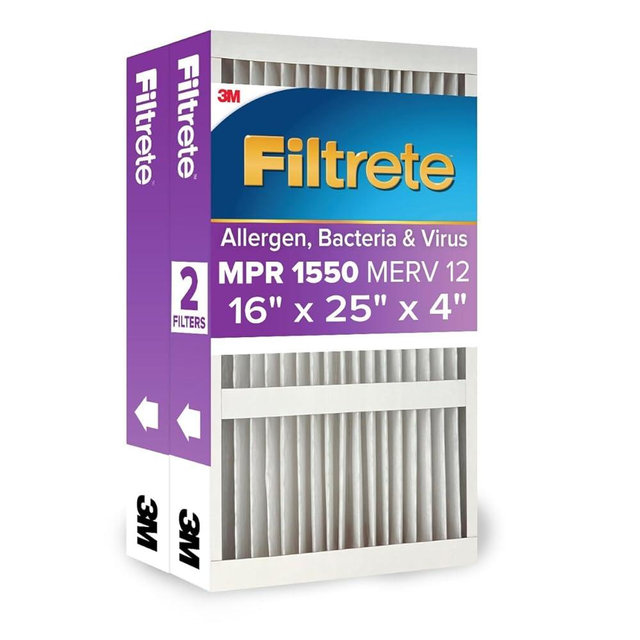 Filtrete 16x25x4 AC Furnace Air Filter, MPR 1550, MERV 12, Fits Lennox & Honeywell, Allergen, Electrostatic Air Cleaning Filter, 2-Pack (actual size 15.88 x 24.56 x 4.31)