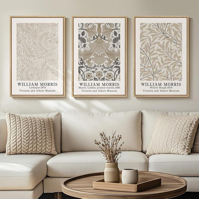 Framed Large William Morris Canvas Wall Art Set of 3, Vintage Neutral Botanical Floral Prints, Nature Artwork for Living Room, Bedroom, Hallway or Office Decor, 16x24 Inch