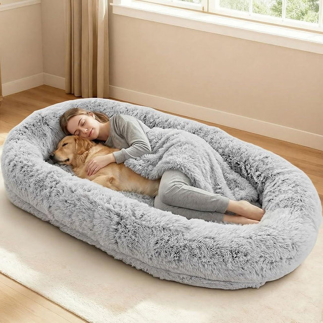 71"x44"x12.5" Human Dog Bed for Adult Faux Fur Washable Human Dog Bed Portable Handle, Egg Orthopedic Foam Human Bed Extra Large with Present Blanket Grey