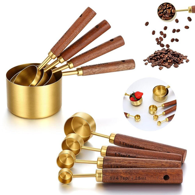 8Pcs Measuring Cups and Spoons Set, Gold Stainless Steel Measuring Cups with Wooden Handle, Nesting Measure Spoons and Cup Kitchen Measure Set for Kitchen/Food/Baking