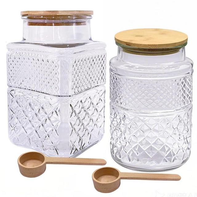60 OZ Vintage Glass Jar with Lid Wood Spoon Set of 2 Decorative Glass Storage Jars Airtight Lids Clear Canister Container for Food Candy Cookie Sugar Coffee Bean Tea Nuts Snack Dog Treat Vase
