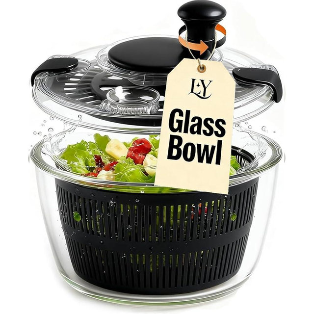 LYTYCJD Large 5.2 Qt Glass Salad Spinner Vegetable Dryer with Drain Microwave Safe Dishwasher Safe with Transparent Lid Crank Handle Quick Spin Greens Washer for Lettuce Herbs Fruits (black)
