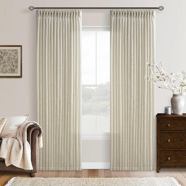 Farmhouse Linen Curtains 90 Inches Long for Living Room Dining 2 Panels Burlap Flax Pinch Pleated Drapes Hooks Rings Rustic Light Filtering Semi Sheer Tan Beige 90 Inch Curtain for Bedroom W50xL90
