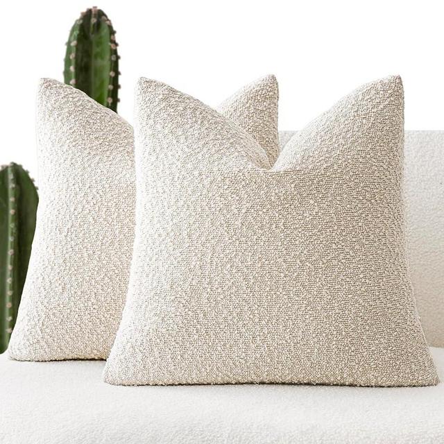 Foindtower Set of 2, Decorative Textured Boucle Throw Pillow Covers Accent Solid Pillow Cases Neutral Cozy Couch Cushion Case for Chair Sofa Bedroom Living Room Home Decor 26 x 26 Inch Ivory Beige
