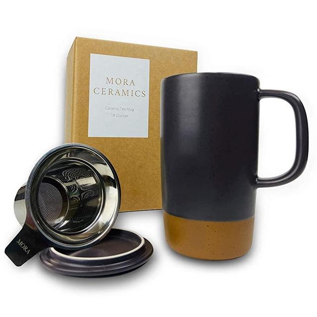 Mora Ceramics Large Tea Mug with Loose Leaf Infuser and Ceramic Lid, 18 oz, Portable, Microwave, Dishwasher Safe, Tall Coffee Cup - Rustic Matte Ceramic Glaze, Modern Herbal Tea Strainer, Nightwaves