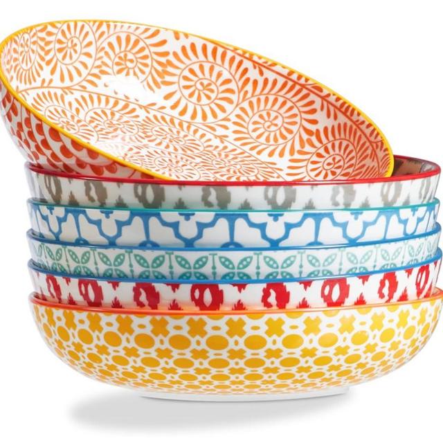 ONEMORE Colorful Pasta Bowls Set of 6, 36oz - Oven/Microwave/Dishwasher Safe Ceramic Wide Bowl for Dinner - Durable, Scratch Resistant - Assorted Colors