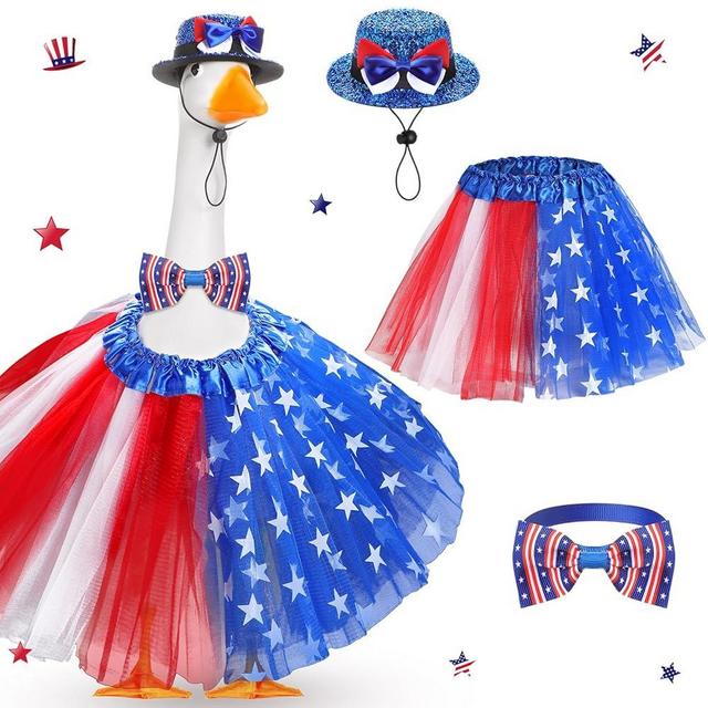 Locmeo 3pcs Porch Goose Outfits for 23" Cement Lawn Goose Statue Clothes Hat and Tutu Skirt Plastic Easter 4th of July Costume for Party Yard Outdoor(Star)
