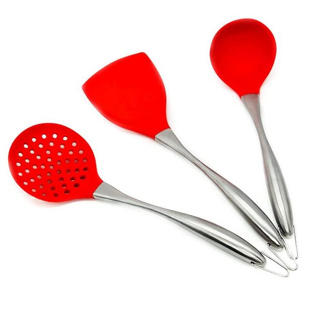 Silicone Stainless Steel Kitchen Utensils Set,3-Pieces Flexible Silicone Head Cooking Spoons Utensil with Wok Spatula,Ladle,Slotted Spoon (Red)