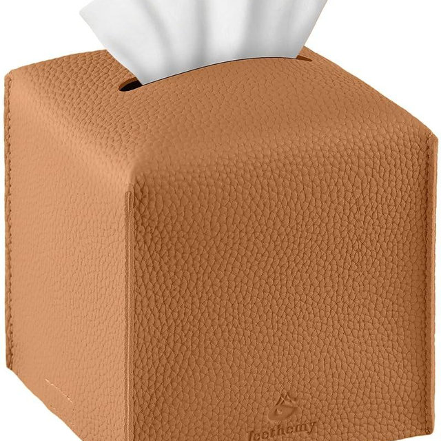 Tissue Box Cover, Jeethemy Square PU Leather Tissue Box Holder, Modern Tissue Case Facial Paper Organizer Dispenser，5X5X5'',Single Brown