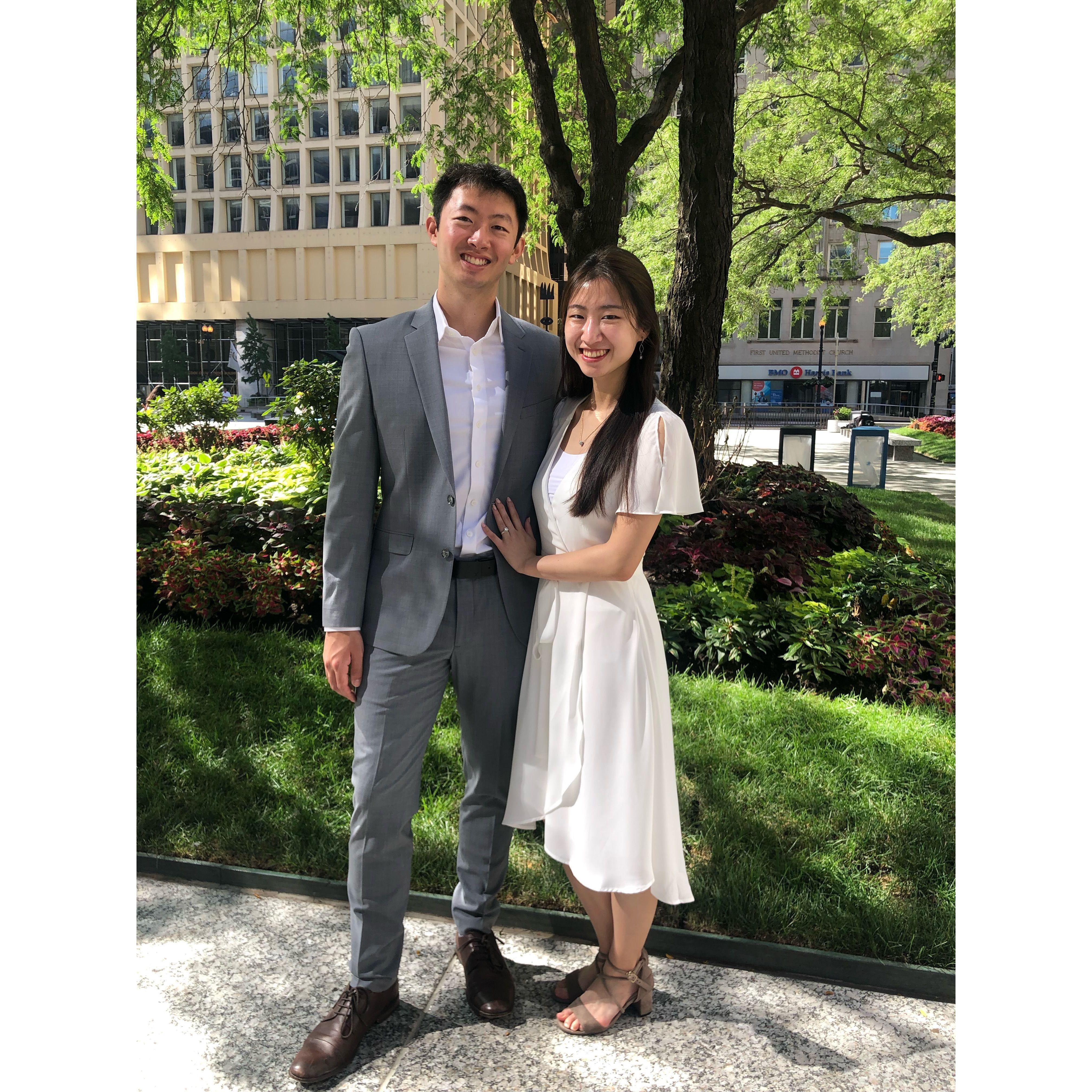 August 2022, Chicago - Right after our courthouse wedding! That ring is FRESH.