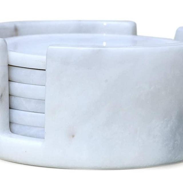 RADICALn Coaster Set Cup Pad 3.5 Inches Handmade Marble Pot Mat Monogrammed White Coasters Set for Mug Glass Drinks - Non Plastic Non Tile - Warming Stone Kitchen Caddy, Car, Office Drink Coaster Sets
