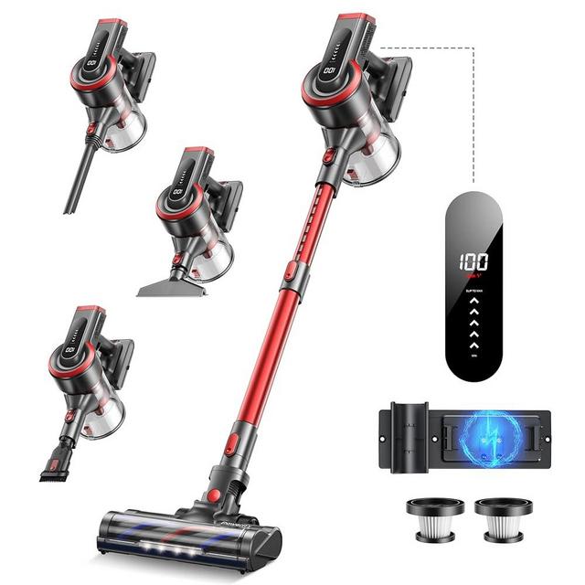 Powerffy Cordless Vacuum Cleaner, 40kPa/450W Stick Vacuum Cleaner Up to 55 Mins Runtime with LED Touch Screen, Handheld Anti-Tangle Vacuum Cleaner with Charging Station for Carpet Hard Floor Pet Hair