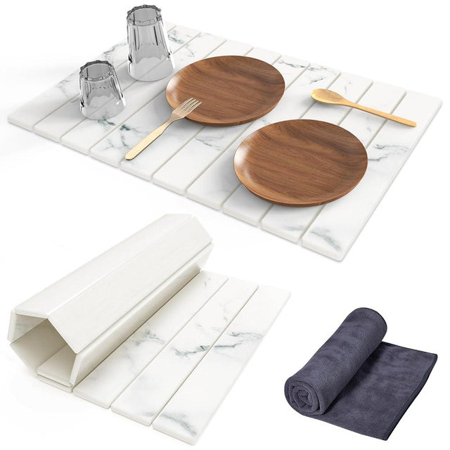 Stone Dish Drying Mat for Kitchen Counter,24"(L)×16"(W) Collapsible Fast-Drying Diatomaceous Earth Mats with Towel Sanding Tool,Versatile Stone Drying Mats for Cups Dishes Bottles