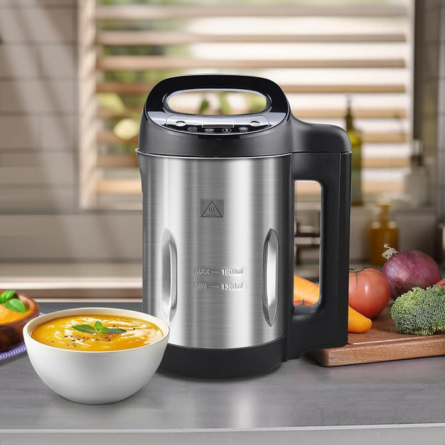 Potlimepan Soup Maker 1.6 L, 4 in 1 Multi-Funcation Soup and Smoothie Maker with Smart Control Panel, Stainless Hot Soup Maker Electric, Makes 2-5 Servings Living for Home Use Black
