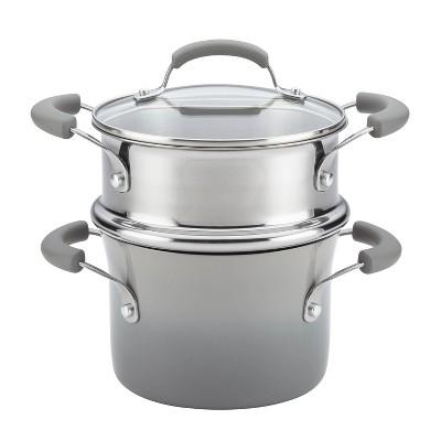 Rachael Ray 3qt Hard Enamel Aluminum Nonstick Sauce Pot with Steamer Insert Gray
