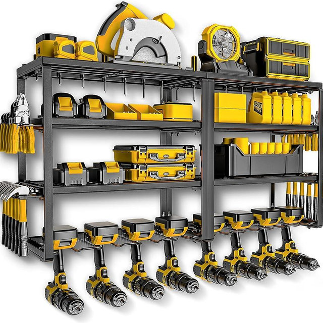 Spampur Power Tool Organizer, 15 Min Quick Assembly & Max 150lb load by Heavy Duty Metal, 4 shelves 8 Slots for Cordless Drill in Garage/Workshop/Pegboard/Shed Suitable for Father's Day
