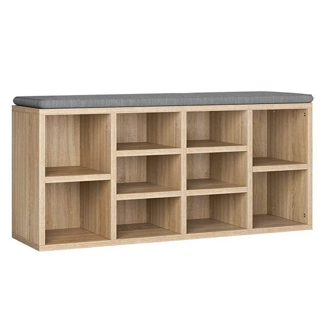 HOSTACK Shoe Bench with Storage, 10 Cube Shoe Rack Bench with Soft Cushion, Long Entryway Bench Shoe Organizers for Living Room, Bedroom, Hallway, Home, Oak+Gray