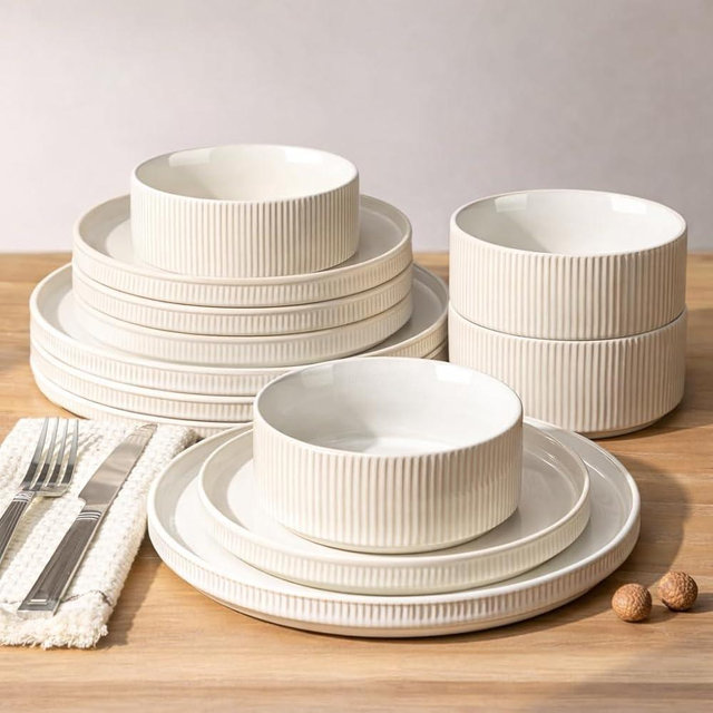 GBHOME Stoneware Dinnerware Sets for 4, 12 Pieces Ceramic Ribbed Plates and Bowls Set, Reactive Glaze Stackable Plate Sets, Scratch Resistant Dishes, Microwave & Dishwasher Safe, Cream