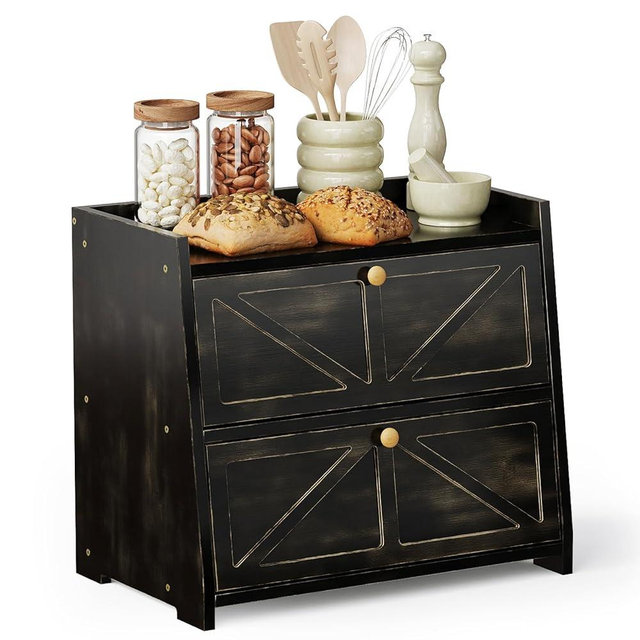 Trironsun Vintage Double Layer Bread Box for Kitchen Counter Bamboo Bread Storage Container Large Capacity Bread Storage Bin (Antique Black)
