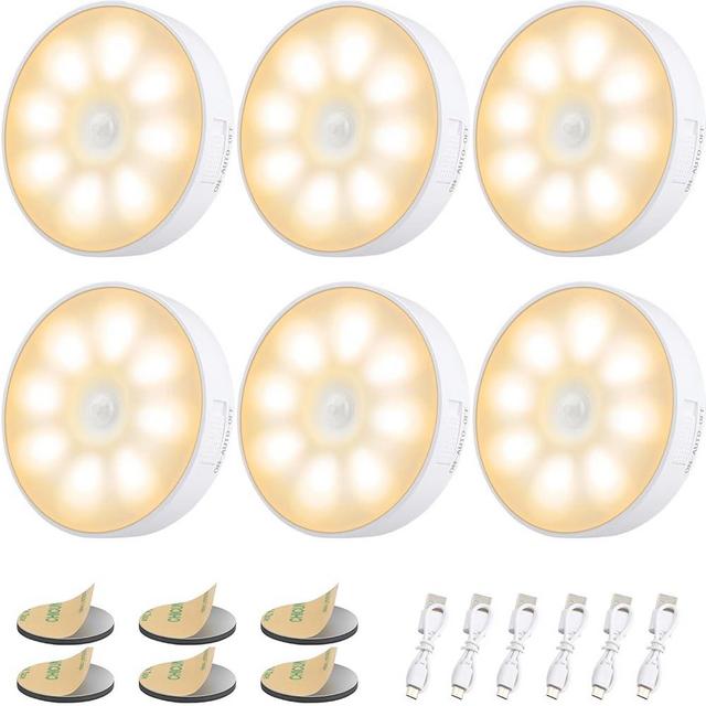 Electight 8 LEDs Motion Sensor Light Indoor, Night Light USB Rechargeable, 3 Light Modes & 400 mAh Battery, Cordless Magnetic Sticker Nightlight for Stair, Closet, Hallway - 3000K Warm White 6 Pack