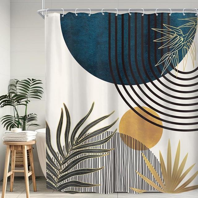 KOMLLEX Mid Century Boho Shower Curtain for Bathroom Decor Abstract Modern Sun Minimalist Aesthetic Arch Curve Leaves Geometric Neutral Fabric Waterproof Polyester 12 Pack Hooks Blue 60Wx72H Inches
