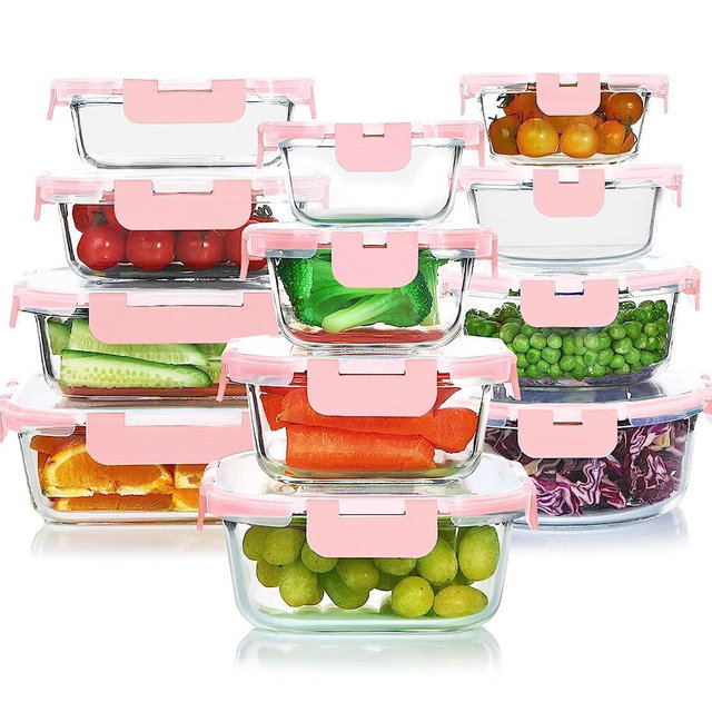 KOMUEE 24-Piece Glass Food Storage Containers Set,Glass Meal Prep Containers Set with Lids-Stackable Airtight Glass Storage Containers with lids,BPA Free,Freezer to Oven Safe,Pink
