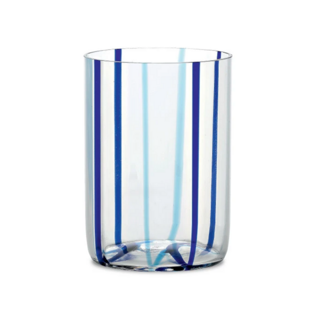 Handblown Italian Tumbler Glass, Aquamarine and Blue Stripe