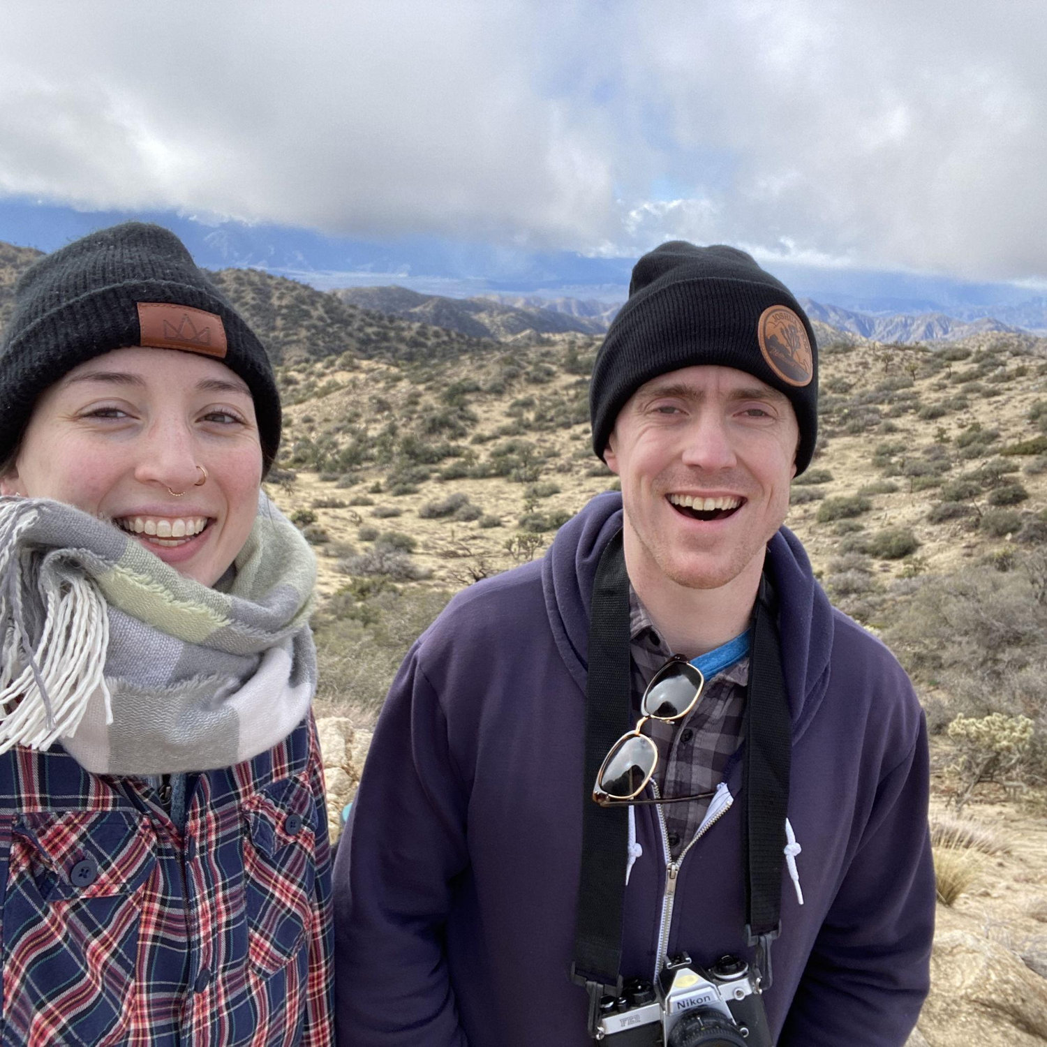 Atop a peak in the Joshua Tree National Park on New Year's Day! We were not prepared for how cold it was up there. Jan 2023