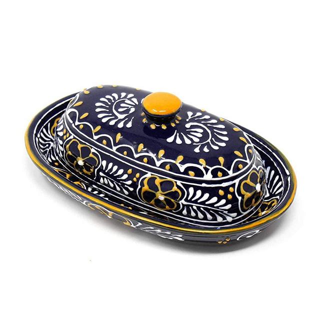 Global Crafts Encantada Handmade Hand-Painted Authentic Mexican Pottery, Butter Dish with Lid, Blue Helecho