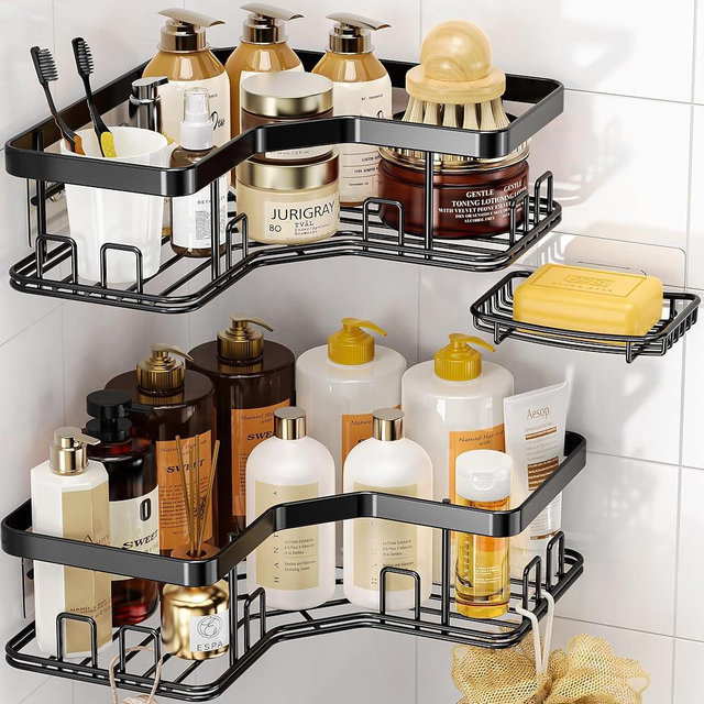 3-Pack Shower Caddy, Shower Organizer with Soap Holder, Adhesive Corner Shower Caddy Rack Storage, Wall Mounted Shower Shelves for Inside Shower for Bathroom Countertop Home Decor Set, Black, X-Large