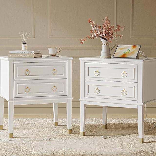 Huuger 27.6 Inch Tall Nightstand with Charging Station, USB-C Port, Larger Night Stand Set of 2, Bedside Table with 2 Drawers, 11.4 Inch Raised Legs, Side Tables End Tables, for Bedroom, White