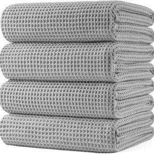 Microfiber Bath Towel, 4 Pack (Light Gray, Waffle Weave)