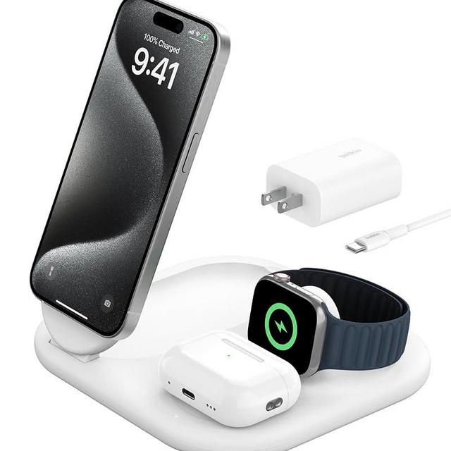 Belkin MagSafe-Compatible iPhone Charger - 3-in-1 Magnetic Foldable Charger 15W - Qi2-Certified Wireless Charging Station for iPhone 16, Apple Watch, AirPods w/Non-Slip Base, PSU Included - White