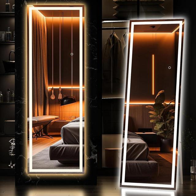 Hasipu Full Length Mirror with Lights, 56" x 16" Lighted Floor Standing LED Mirror Full Length, Full Body Mirror w/Dimming & 3 Color Lighting Square White