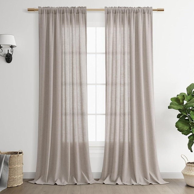 Brown Grey Linen Curtains 96 Inches Long 2 Panel Set Rod Pocket Semi Sheer Dining Room Cozy Bedroom Decor Cotton Look Country Rustic Farmhouse Boho Curtains 52x96