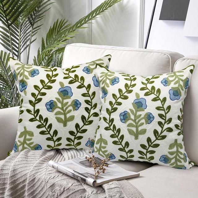 Alysheer Flower Embroidered Farmhouse Decorative Throw Pillow Cover 18"x 18" Set of 2, Cottage Floral Green Leaves Knit Pattern, Cotton Canvas Cushion Case for Sofa Couch Bedroom Decor(Blue Flowers)