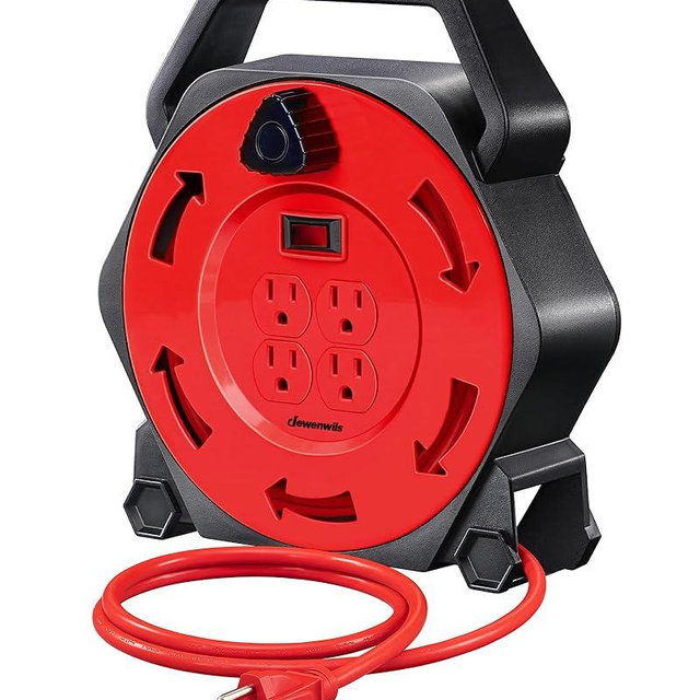 DEWENWILS Extension Cord Reel with 25 FT Power Cord, Hand Wind Retractable, 16/3 AWG SJTW, 4 Grounded Outlets, 13 Amp Circuit Breaker, Red, Red Cord, UL Listed