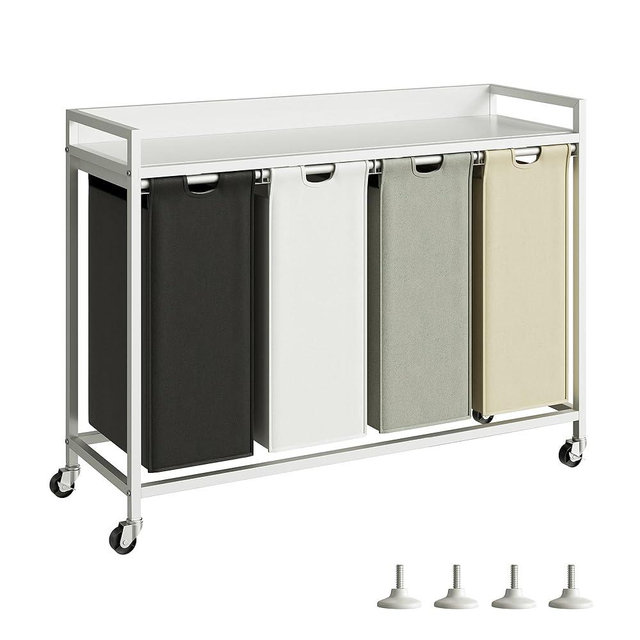 Herture Laundry Hamper with Shelf, Laundry Basket 4 Section, Laundry Sorter with Pull-Out Removable Large 4 Color Bags and Movable Wheels, Metal Frame, 4 x 15.87 Gallons (60L), White PF07XLE