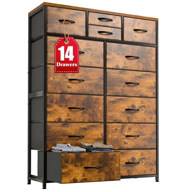 Dressers for Bedroom with 10+4 Storage Drawers, Chests of Drawers & Storage Drawers Organizer, Sturdy Metal Frame & Wood Top, Easy Assembly, Living Room, 52.2"H x 37.4"W x 11.8"D, Rustic Brown