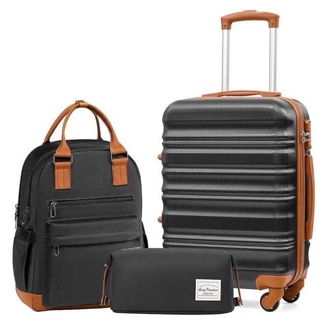 LONG VACATION Luggage Sets 20 IN Carry on Suitcase ABS Handshell Luggage 3 Piece Set with TSA Lock Spinner Wheels(20 INCH (BP/TB), BLACK-BROWN)