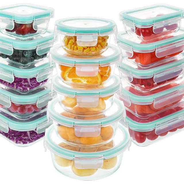BAYZZ 30 Piece Glass Food Storage Containers Set, Glass Meal Prep Containers with Lids, Airtight Lunch Storage Containers, Microwave, Freezer and Dishwasher Safe, Green