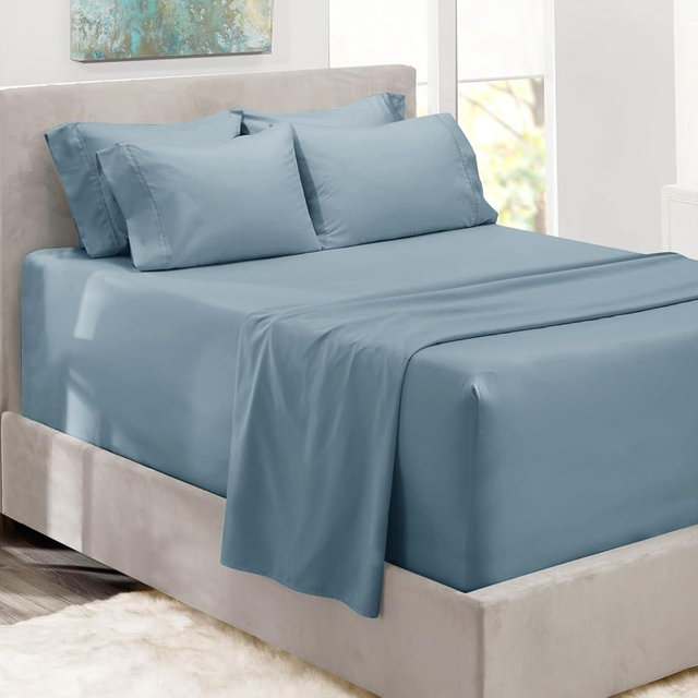 Hearth & Harbor Extra Deep Pocket King Size Sheets Sets - Fits Mattress 18-24 Inches - 6 Piece King Size Sheets - King Sheets - Stone Blue