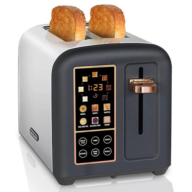 SEEDEEM Toaster 2 Slice, Stainless Steel Bread Toaster with Touch LCD Display, 50% Faster Heating Speed, 6 Bread Selection, 7 Shade Settings, 1.5'' Extra Wide Slots Toaster with 3 Basic+More Time Functions, Removable Crumb Tray, 1350W, Dark Chocolate