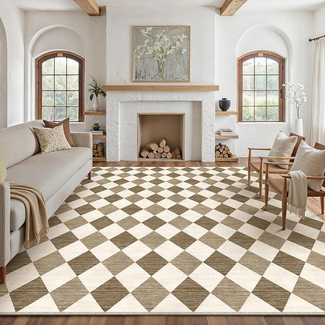WondRg 8x10 Checkered Brown Area Rug for Living Room Bedroom Washable Soft Modern Non Slip Large Throw Rug Lightweight Low Pile Neutral Carpet Dining Room Office Classroom Nursery Playroom