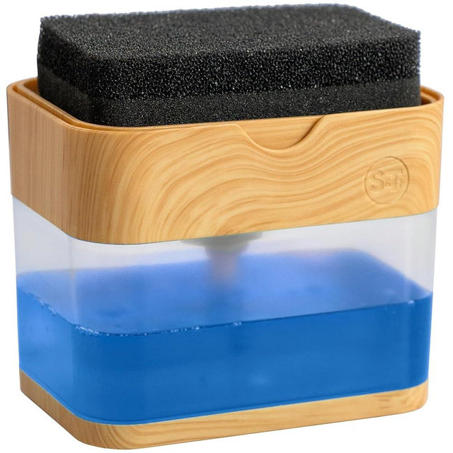 S&T INC. Dish Soap Dispenser and Sponge Holder for Kitchen Sink, Waterproof Labels and Sponge Included, 13 Ounces, Plastic, Bamboo
